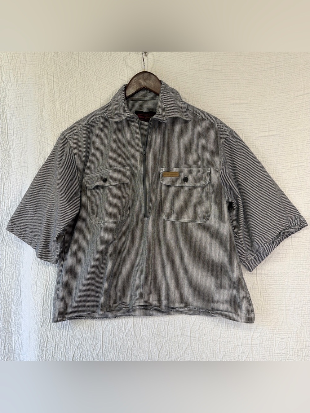 Hickory Shirt Co Cropped Shirt Half Zip Short Sleeve Sawyer Hickory Stripe Top M